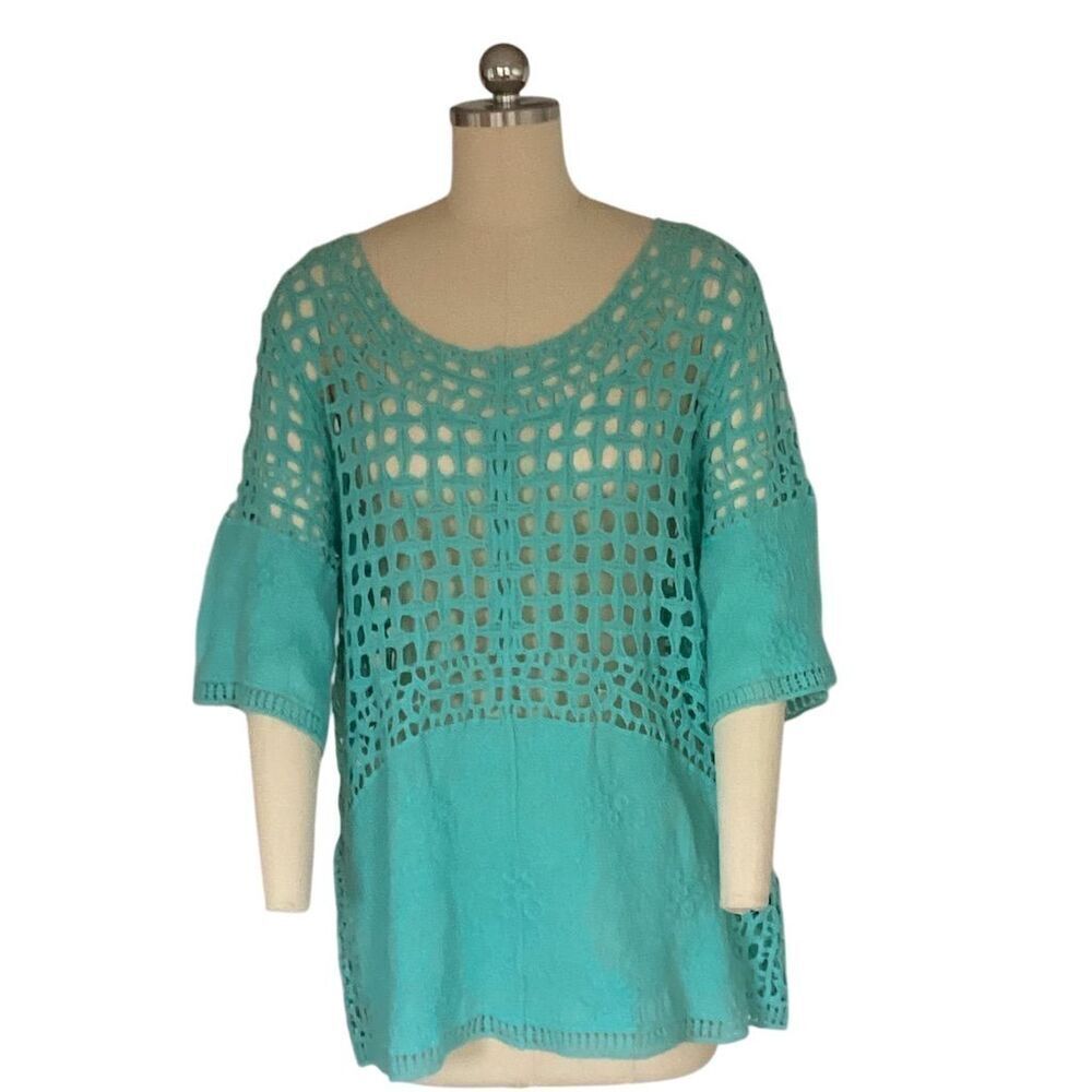 Lane Bryant Women's Blue Crochet Knit 3/4 Sleeve Blouse Size L - Picture 7 of 8